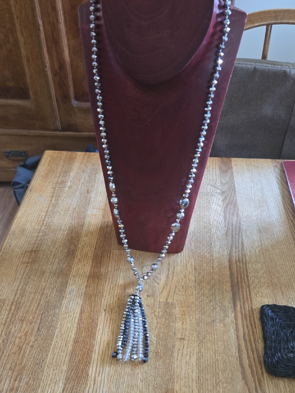 Elegant Variagated Dark &  Light Grey AustrianBeaded Tassel Necklace